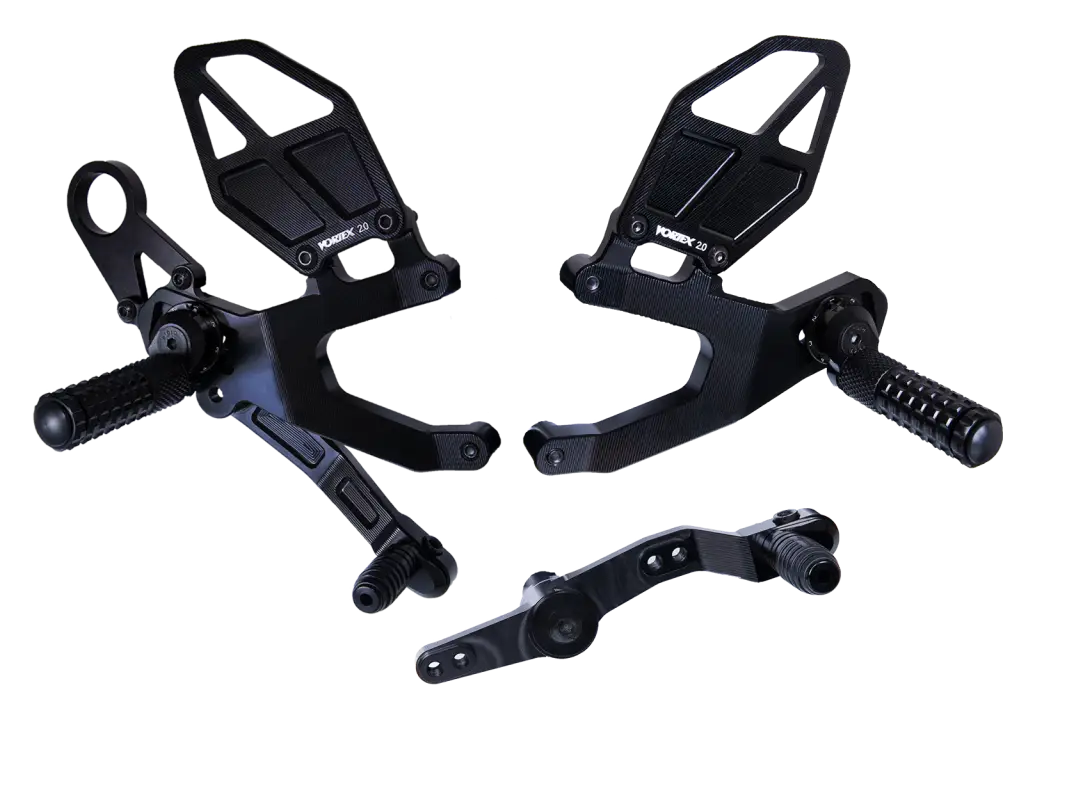 Repose Pied Vortex - Black motorcycle rearsets avec positions d’ajustement pour Vortex Racing