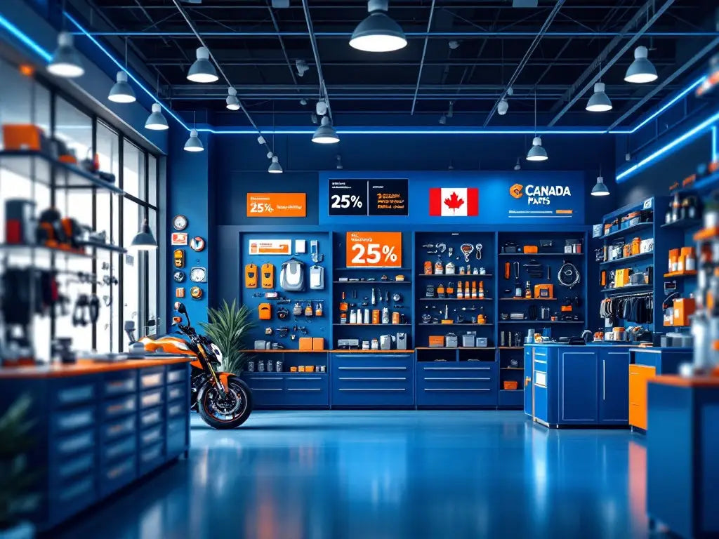 Moto orange et noire garée dans un magasin de pièces auto bleu, hausses tarifaires sur pièces fabriquées aux États-Unis