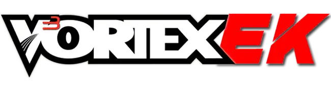 Logo en texte noir et rouge gras épelant 'VORTEX EK' avec des éléments de design angulaires stylisés.