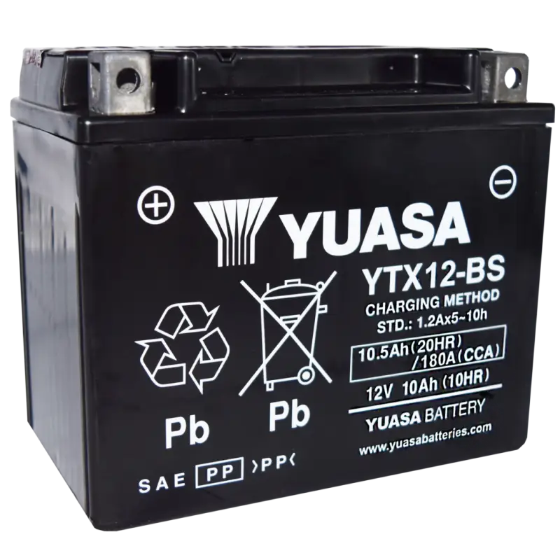 Batterie Yuasa YTX12-BS noire, idéale pour les motos, fiable et performante