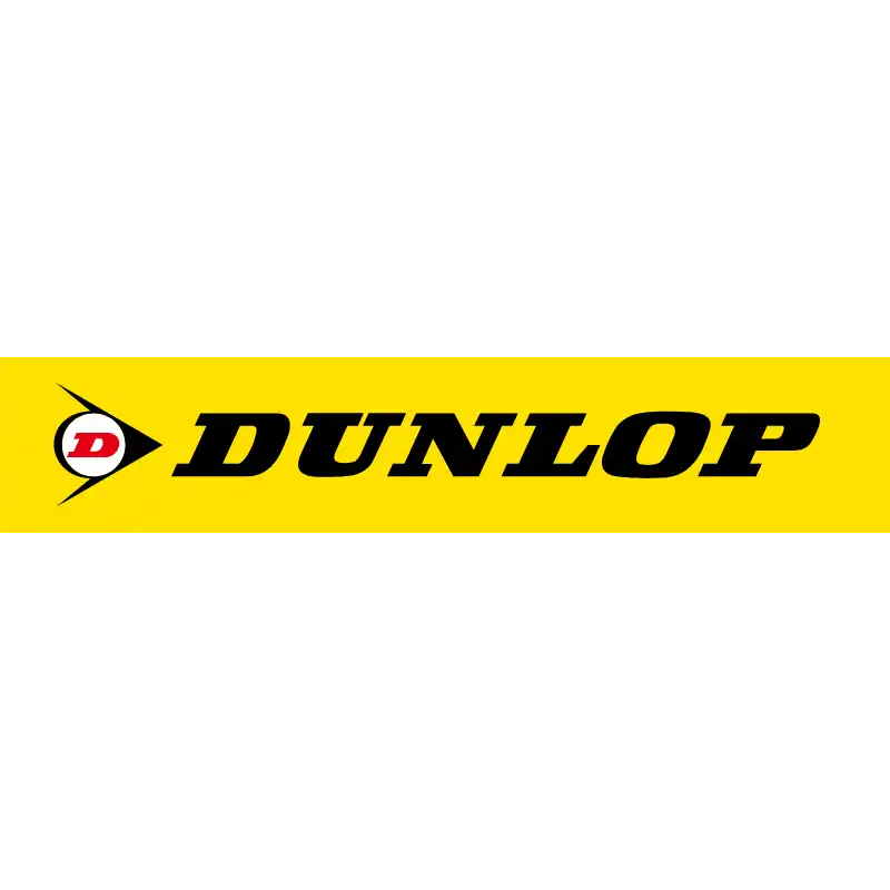 Logo Dunlop avec texte noir et un symbole de flèche rouge/noire sur un fond jaune.