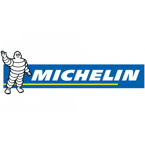 Logo de Michelin mettant en avant leur mascotte emblématique de pneu blanc, 'Bibendum', avec du texte bleu.