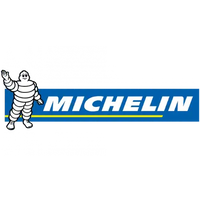 Logo de Michelin mettant en avant leur mascotte emblématique de pneu blanc, 'Bibendum', avec du texte bleu.