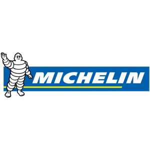 Logo de Michelin mettant en avant leur mascotte emblématique de pneu blanc, 'Bibendum', avec du texte bleu.