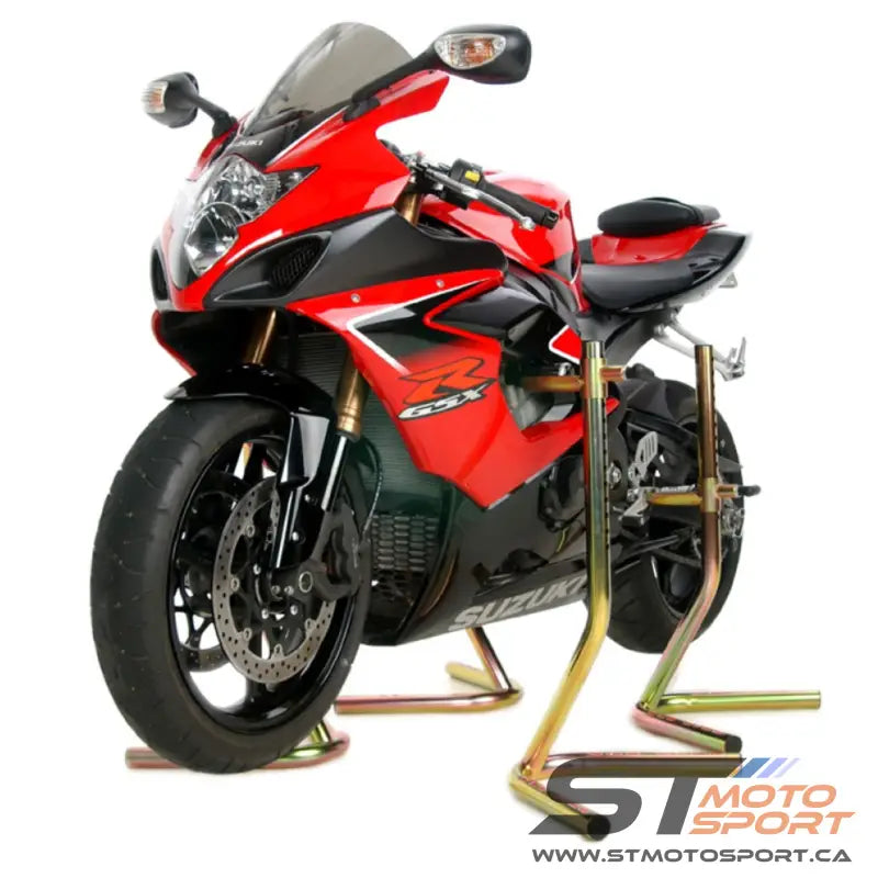Moto Suzuki rouge et noire avec béquilles Pitbull pour supports de levage