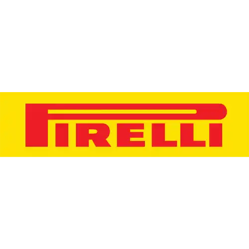 Logo Pirelli rouge sur un fond rectangle jaune.