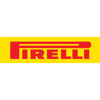 Logo Pirelli rouge sur un fond rectangle jaune.