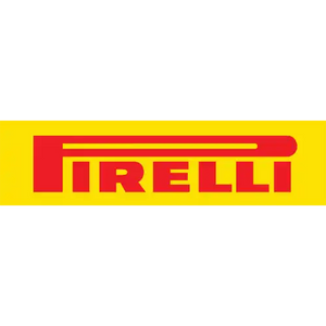 Logo Pirelli rouge sur un fond rectangle jaune.